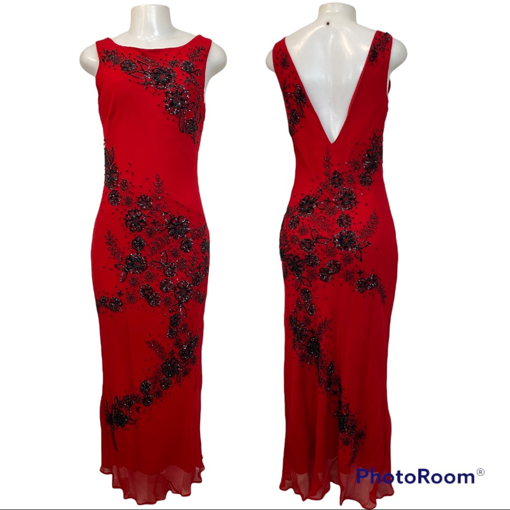 Terani Couture Red Black Beaded Silk Dress Size 10